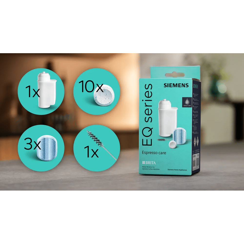Kit de manutenção Siemens EQ Series para máquina de café, pastilhas de limpeza + pastilhas descalcificantes + cartucho de filtro