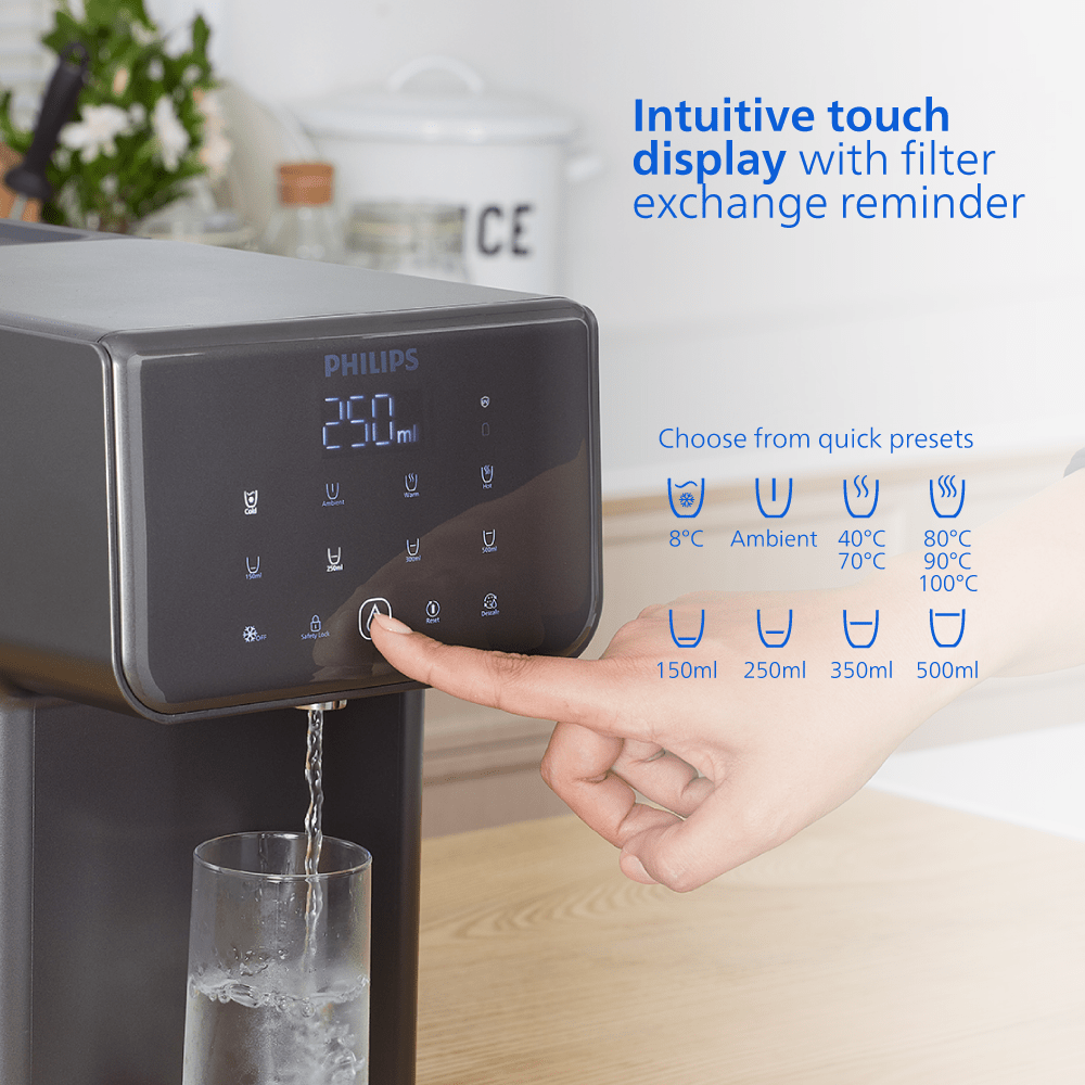 Dispensador de água Philips Tudo-em-Um Quente + Frio ADD5981GR (filtra PFAS) compatível com BRITA