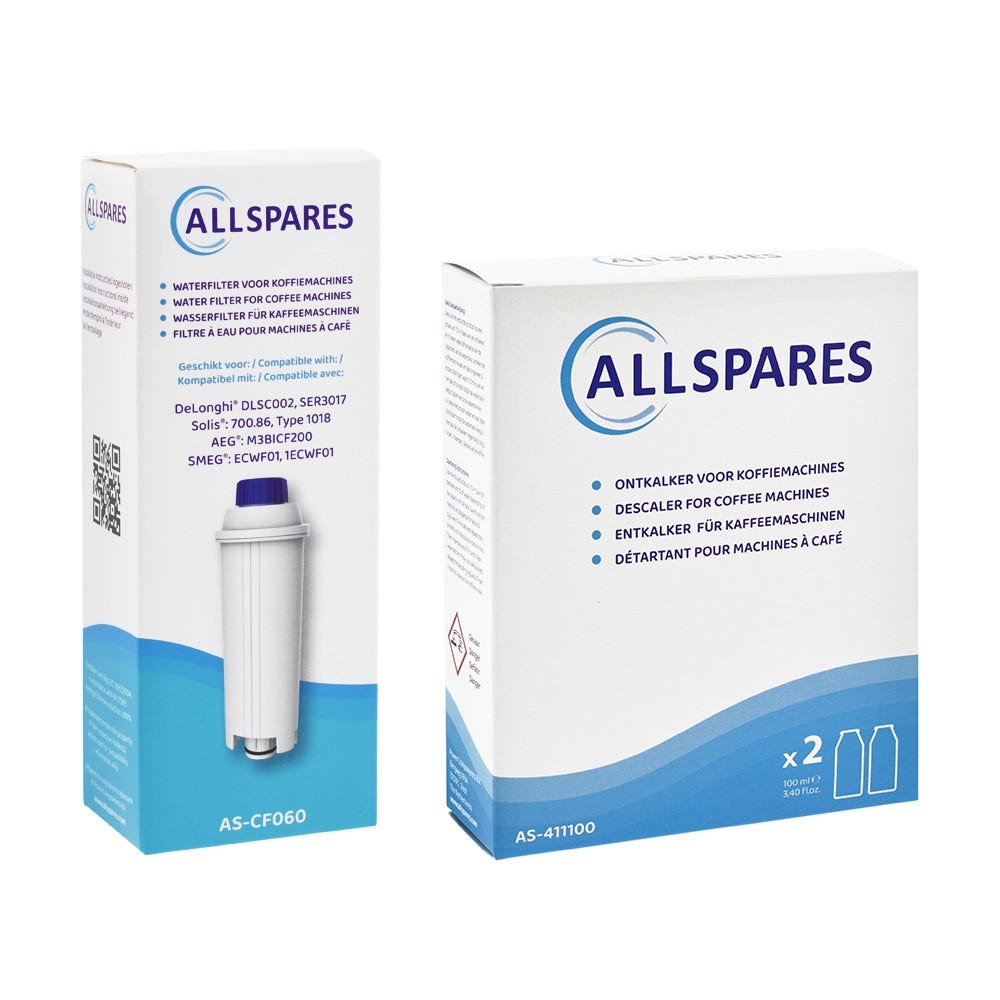 Conjunto de manutenção para máquina de café Cartucho de filtro + Descalcificante (2x100ml) compatível com Delonghi