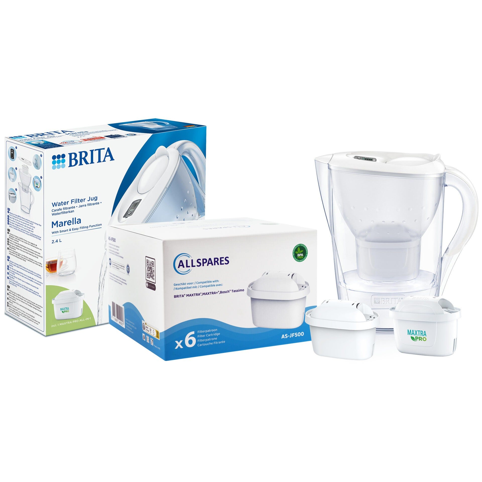 Jarro com filtro de água Marella 2.4L + AllSpares Cartuchos de filtro 6-Pack (filtra PFAS) BRITA