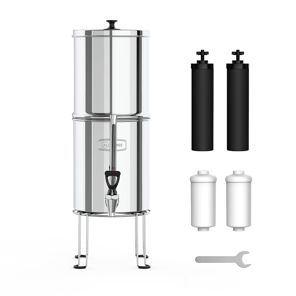 Sistema de filtro de água por gravidade em aço inoxidável 8,5 l com 2 cartuchos de filtro de carvão ativado e 2 filtros de fluoreto