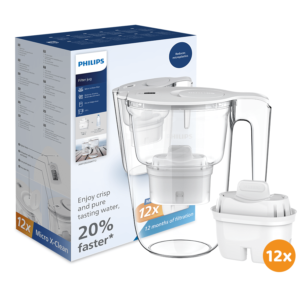 Jarro com filtro de água Philips 2.6L + 12 Micro X-Clean (filtra PFAS) AWP2933WHT12