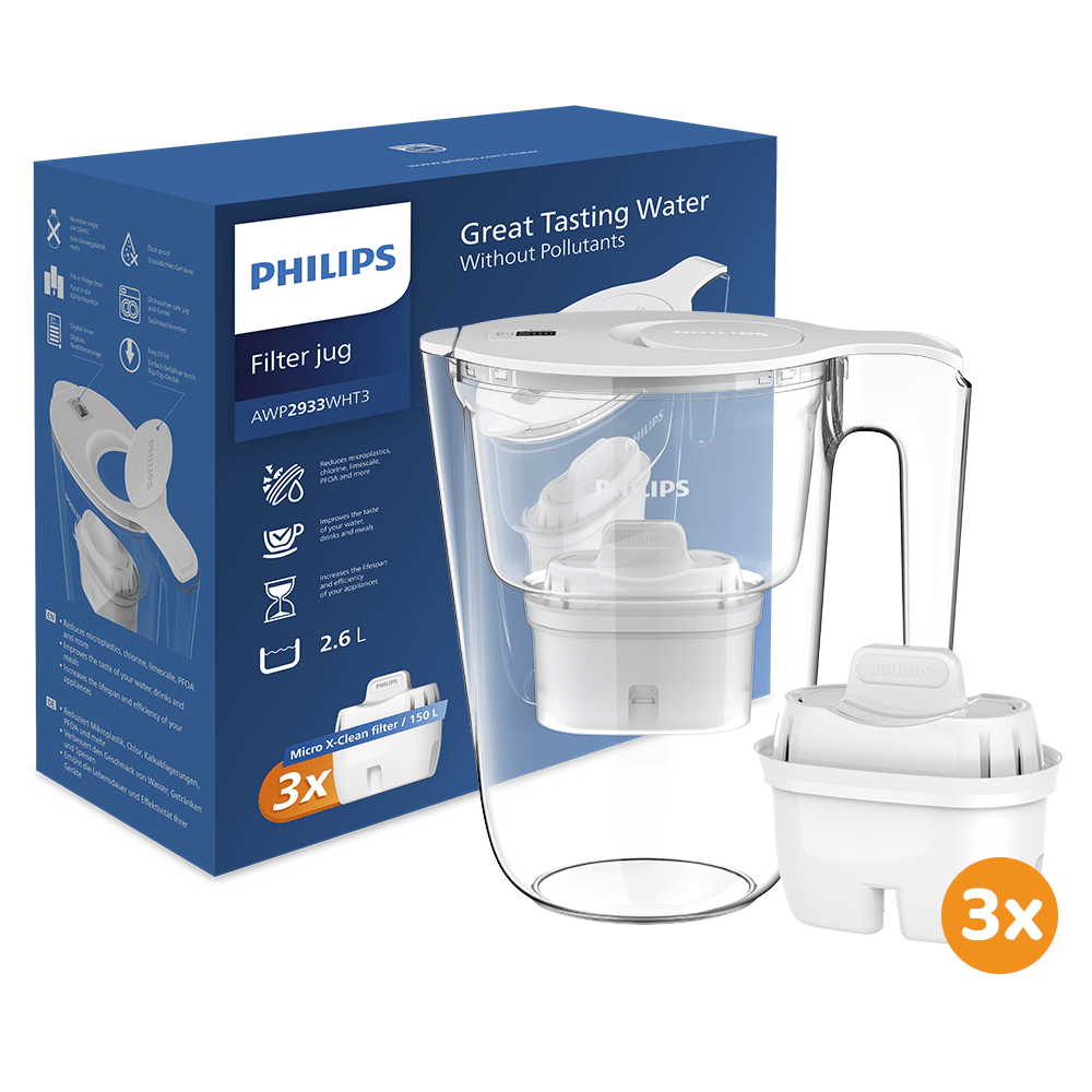 Jarro com filtro de água Philips 2.6L + 3 Micro X-Clean (filtra PFAS) AWP2933WHT3