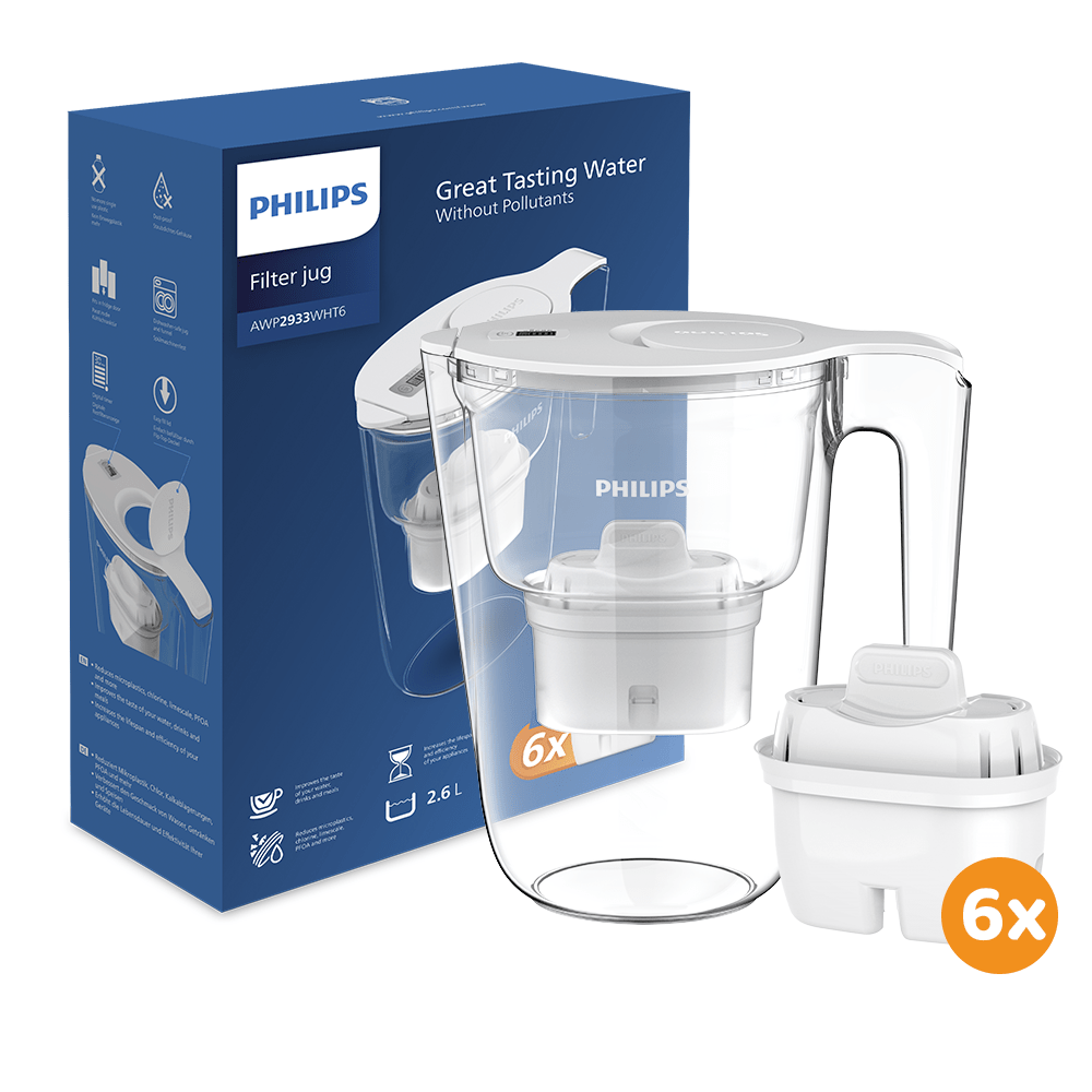 Jarro com filtro de água Philips 2.6L + 6 Micro X-Clean (filtra PFAS) AWP2933WHT6