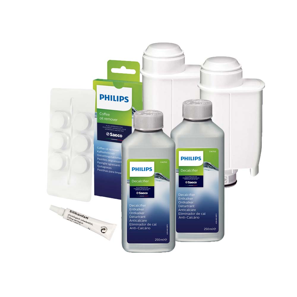 Conjunto de manutenção Philips / Saeco Máquina de café Descalcificante + Pastilhas de limpeza + Filtro de água