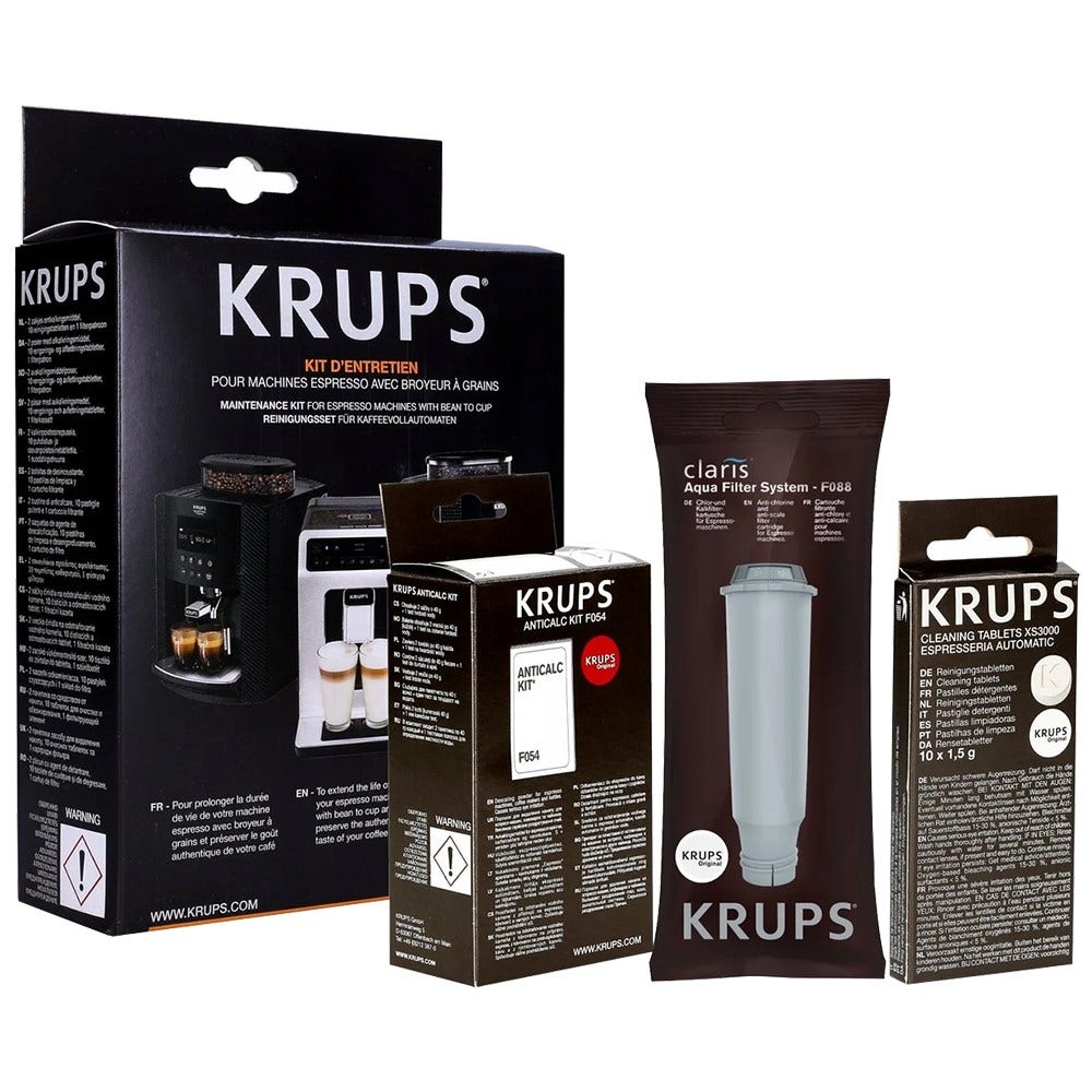 Kit de limpeza e manutenção para máquina de café Krups, 2 descalcificantes + 10 pastilhas de limpeza + 1 cartucho de filtro