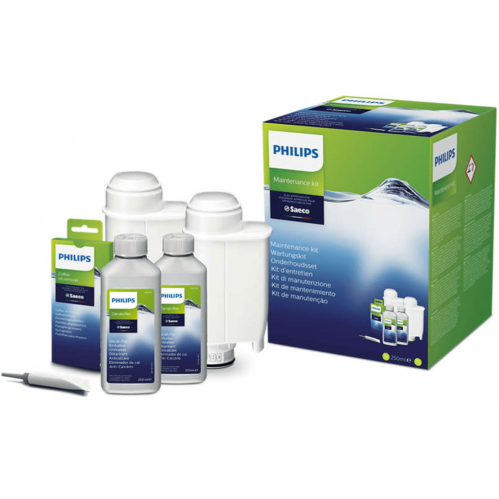 Kit de manutenção Philips / Saeco para máquinas de café com descalcificante + pastilhas de limpeza + filtro de água
